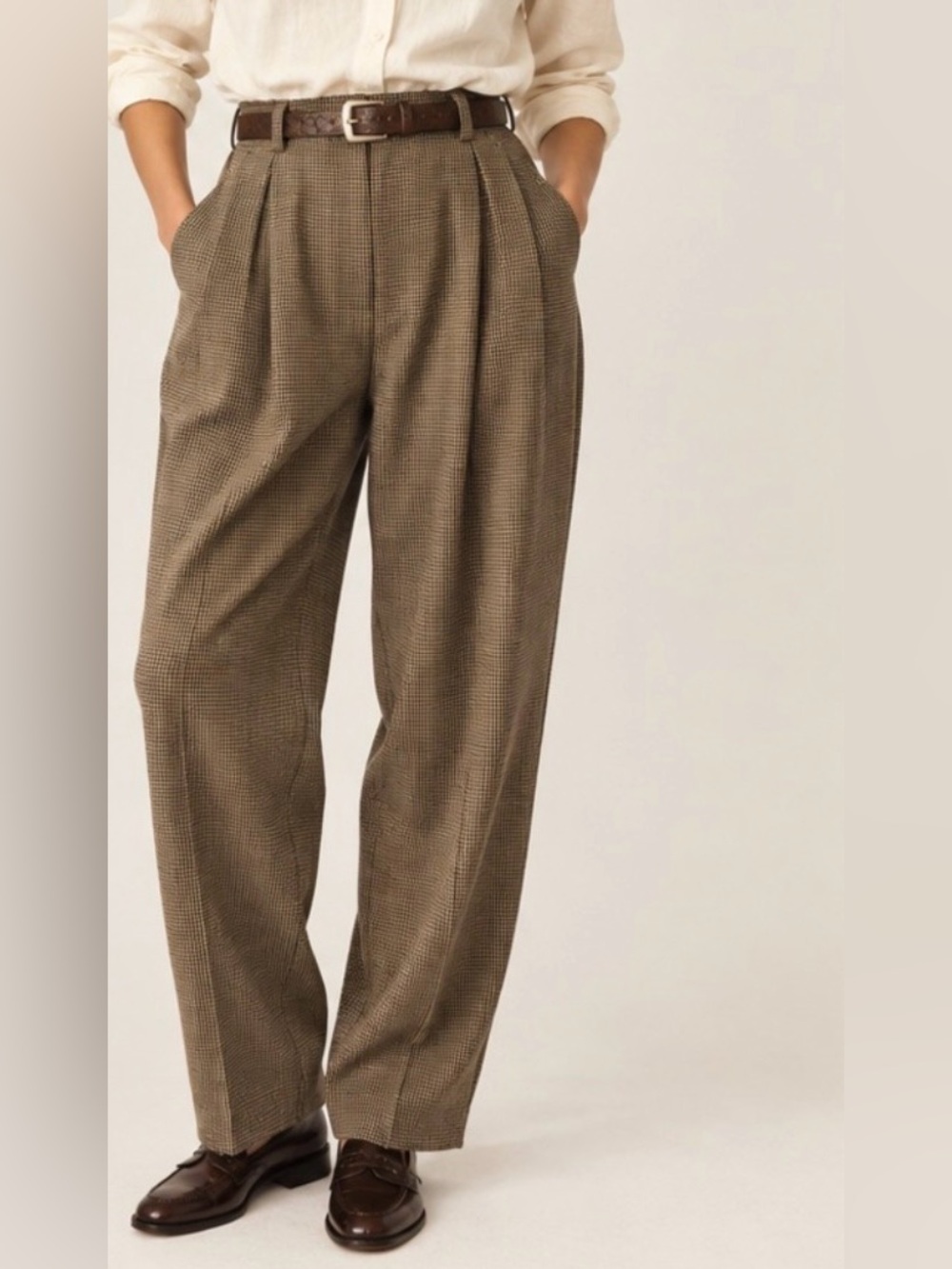 Women’s Vintage Tan Houndstooth Pleated 80’s Old Money Belted Pants Size 13